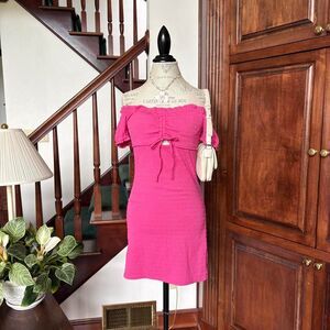 So Hot Pink Dress Mini Sundress Summer Spring Off Shoulder Ruched Neckline